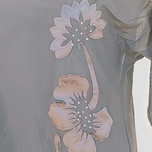 Black transparent blouse with black flower design and strass used, size L
