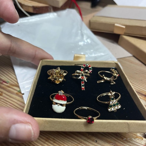 Christmas rings set of 6 new, metal with enamel