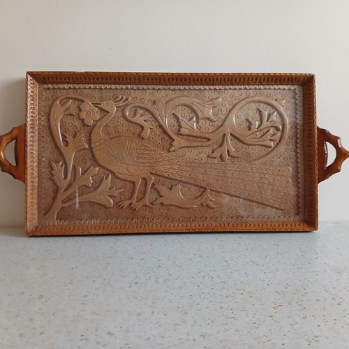 Woodcarved tray with peacock design like new