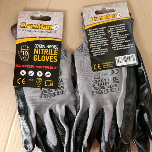 Cresman work gloves gray nitrile/polyester, new, two pairs No XL