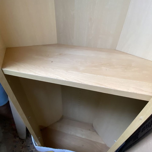 Polygonal beech-colored bookcase used, adjustable shelves