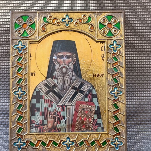 Vintage icon in brass frame with enamel