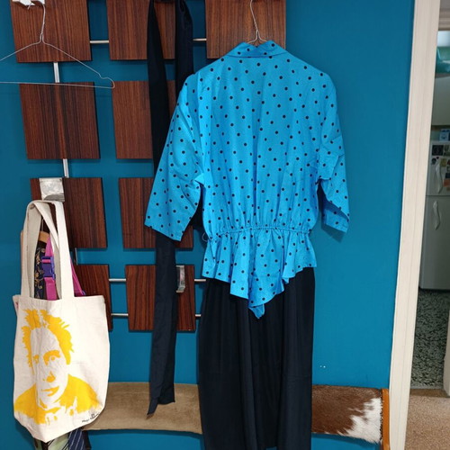 Vintage peplum polka dot dress like new, size L, black and blue