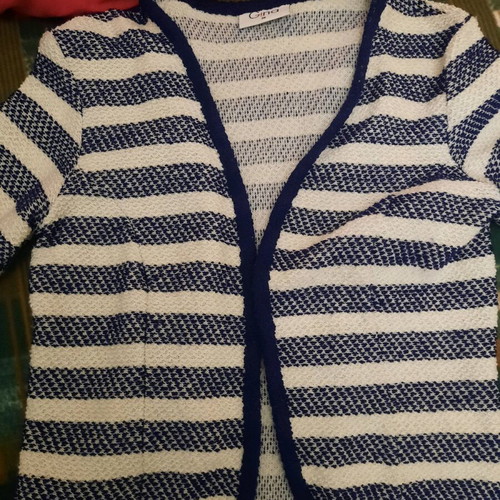 Striped cardigan used, blue and white, fits small and medium