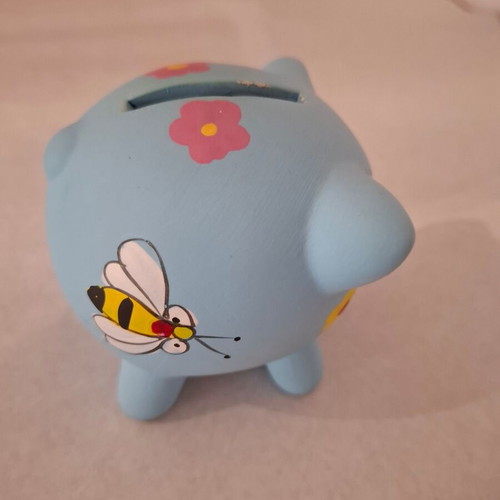 Decorative piggy bank used, blue with flowers and bees, 7.5 cm