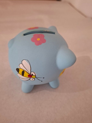 Decorative piggy bank used, blue with flowers and bees, 7.5 cm