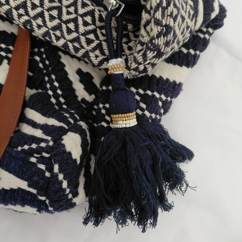 Springfield tote bag with ethnic design, shoulder style, white and blue