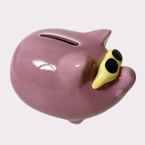 Vintage ceramic purple piggy bank like new with glasses