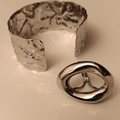 Hammered bracelet and adjustable ring set new, silver steel