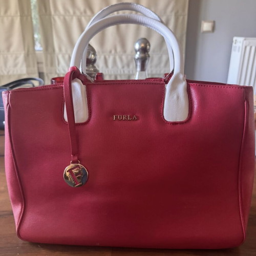 Furla leather handbag, fuchsia with white handles