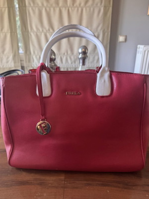 Furla leather handbag, fuchsia with white handles