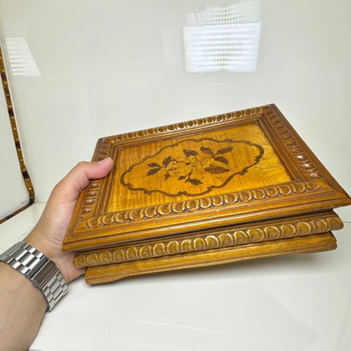 Vintage handmade wooden jewelry box used with carved floral marquetry
