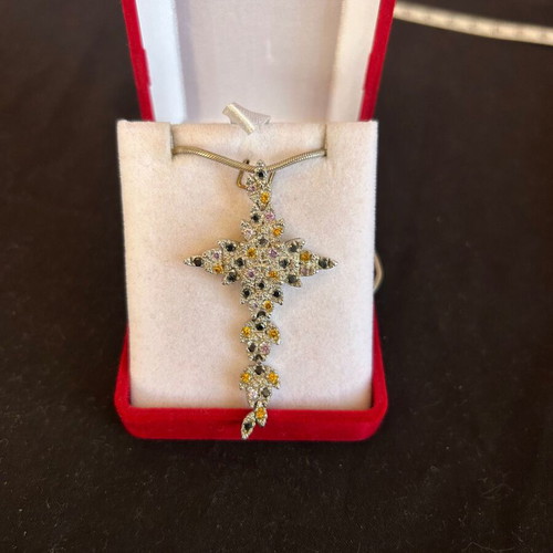 Silver 925 necklace-cross like new with multicolored stones