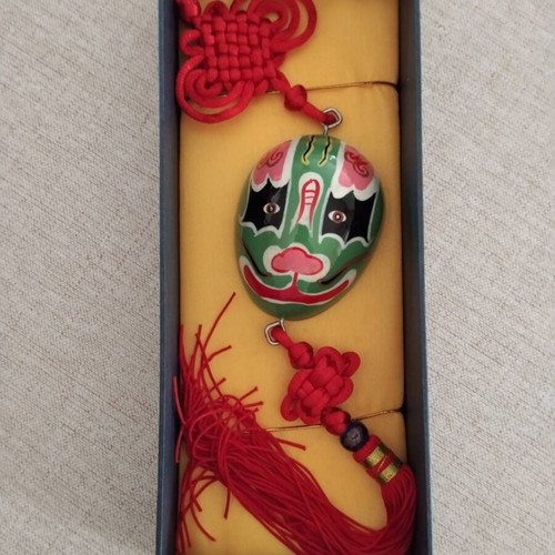 Chinese Opera Mask new, hand-painted wood decoration with red knot