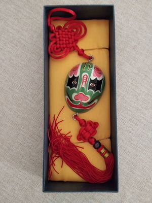 Chinese Opera Mask new, hand-painted wood decoration with red knot