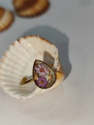 Adjustable ring with purple flowers, new, stainless steel
