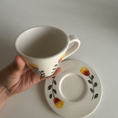 Handmade ceramic cup with saucer like new, handpainted