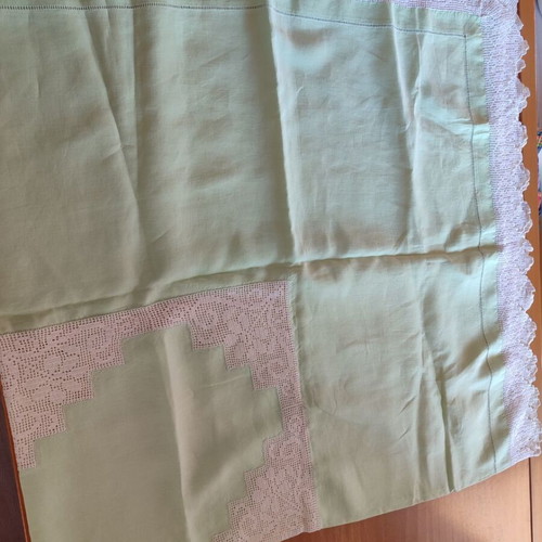 Vintage handmade crochet lace tablecloth, light green