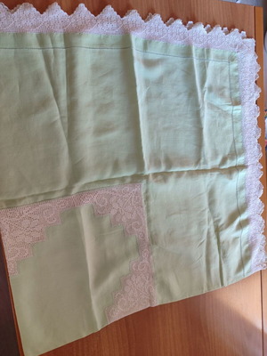Vintage handmade crochet lace tablecloth, light green