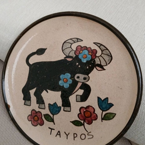 Vintage handmade ceramic plate Taurus zodiac
