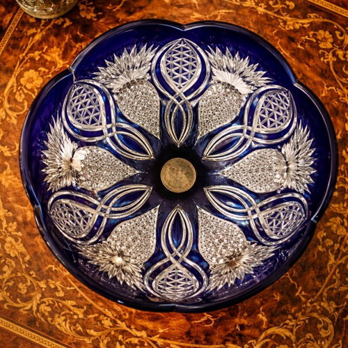 Ajka Crystal Cobalt Blue Bowl with Handmade 925 Silver Base like new, collectible