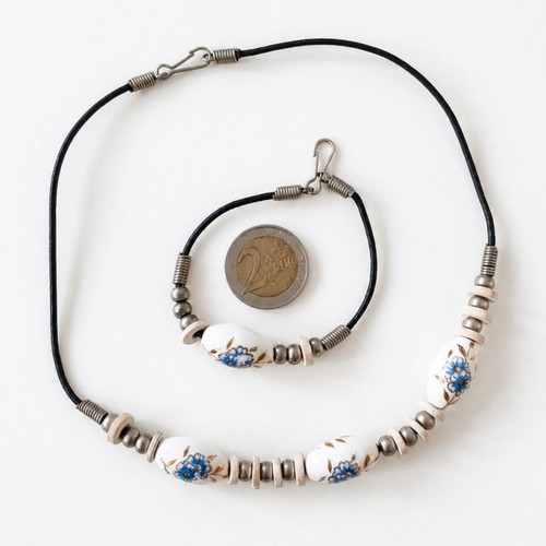 Vintage jewelry set with hand-painted white ceramic beads and gold accents