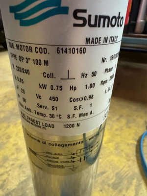 Sumoto OP3 1HP 220V Single-Phase Submersible Motor new