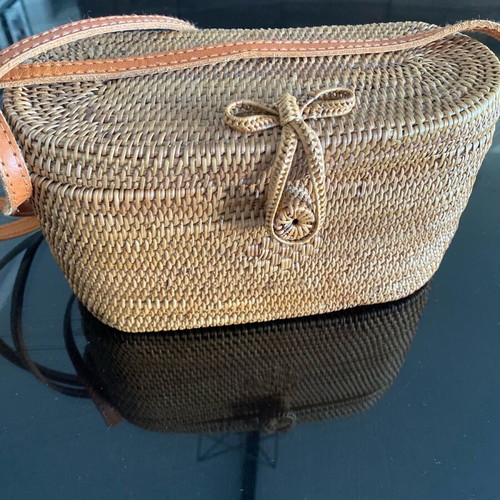 Mango rattan crossbody bag like new, beige with leather strap
