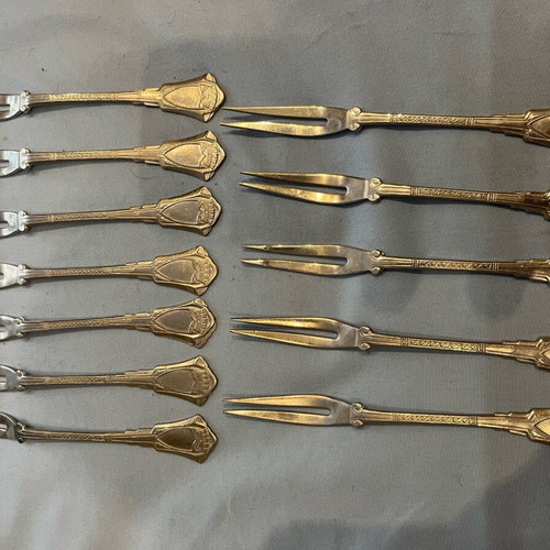 Art Deco gold-plated fruit fork set USSR 1970s, like new