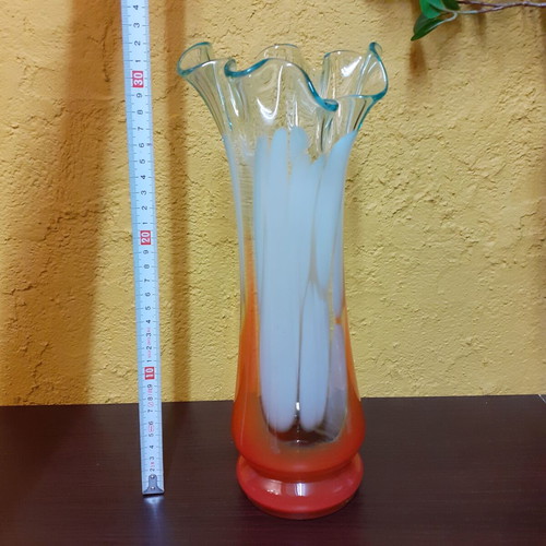 Glass vase used, vintage artistic blown glass with white and orange colors