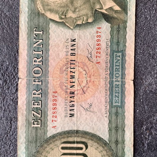 Paper money used, Hungarian 1000 Forint banknote