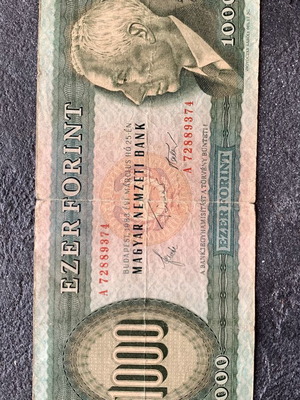 Paper money used, Hungarian 1000 Forint banknote