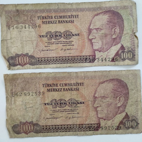 100 Turkish lira used, pack of 2, 1970