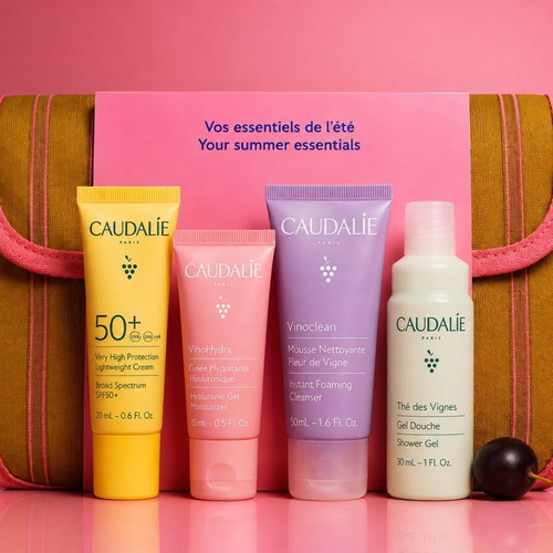 Caudalie Summer Essentials skincare set with pouch, 4 products