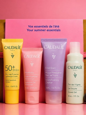 Caudalie Summer Essentials skincare set with pouch, 4 products
