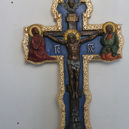 Wooden carved cross painted new with egg tempera and gilding