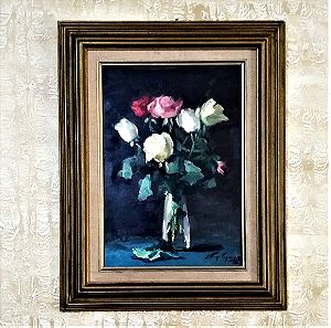 Πίνακας ζωγραφικής, Ελαιογραφία βάζο τριαντάφυλλα Λεωνίδα Παπαδόπουλου