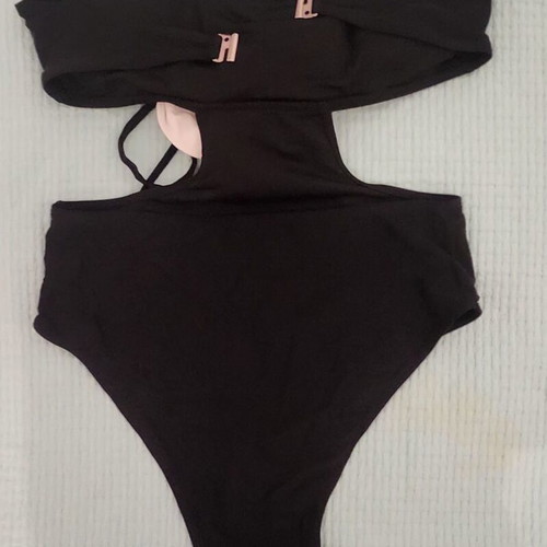 Black Cut-Out One-Piece Swimsuit with White 3D Flower, Like New, Size M/L
