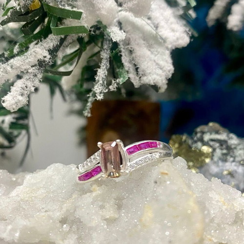 Handmade silver ring with natural watermelon tourmaline, ruby and moissanite