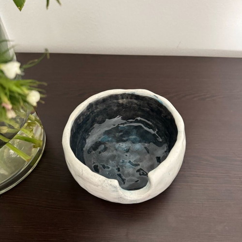 Handmade ceramic noodle bowl in dark blue and cream, new