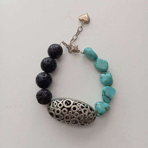 Handmade Boho bracelet like new with natural lava, turquoise and metal element