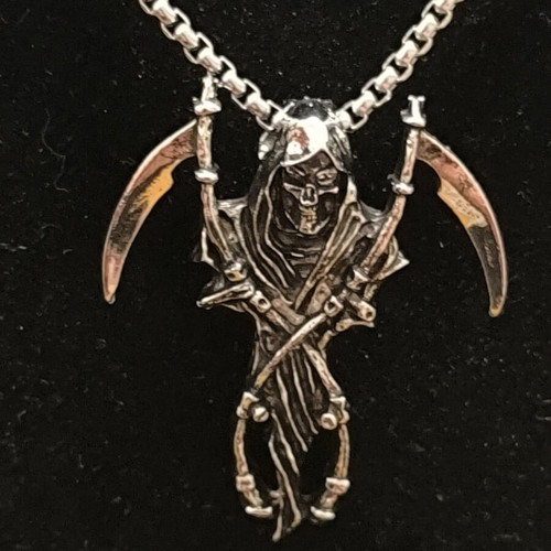 Gothic Grim Reaper Necklace with Double Scythes Silver Tone Pendant new