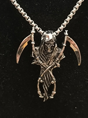 Gothic Grim Reaper Necklace with Double Scythes Silver Tone Pendant new