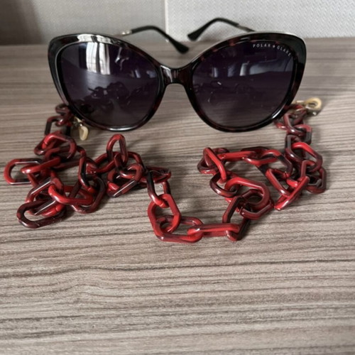 Polar sunglasses like new with brown acetate frame and strap set, polarized lenses