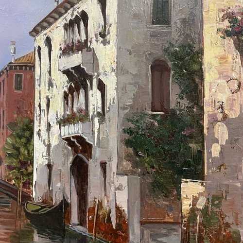 Oil painting used, embossed canal scene with handmade wooden frame