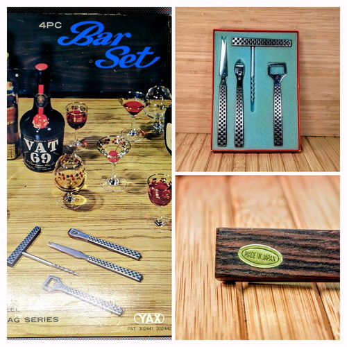 Vintage/Retro 60s YAX Bar Set 4 Pieces new Stainless Steel and Teak Wood