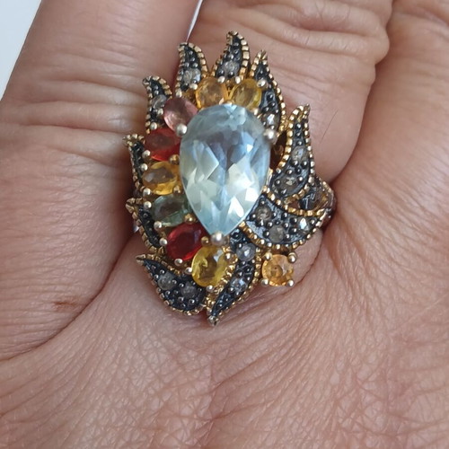 Ring with semiprecious stones, 9K gold, 925 silver and old cut diamonds, 17 mm
