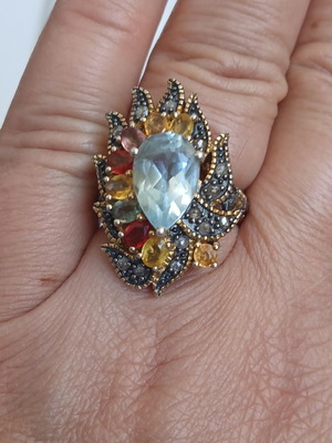 Ring with semiprecious stones, 9K gold, 925 silver and old cut diamonds, 17 mm