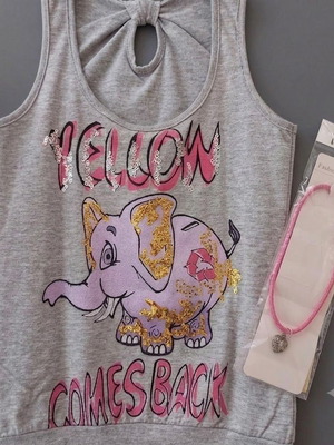Sleeveless top with elephant design and heart necklace like new, gray