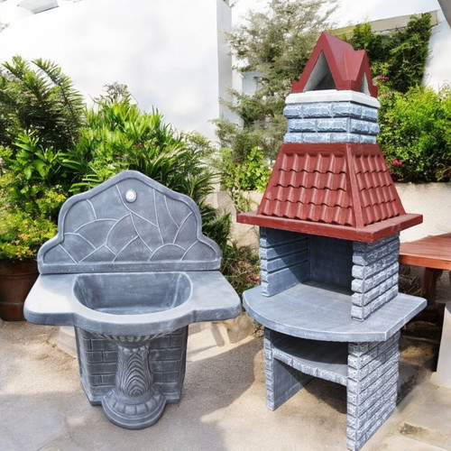 Jaklin Garden Set Fountain and Barbecue in Gray and White, New